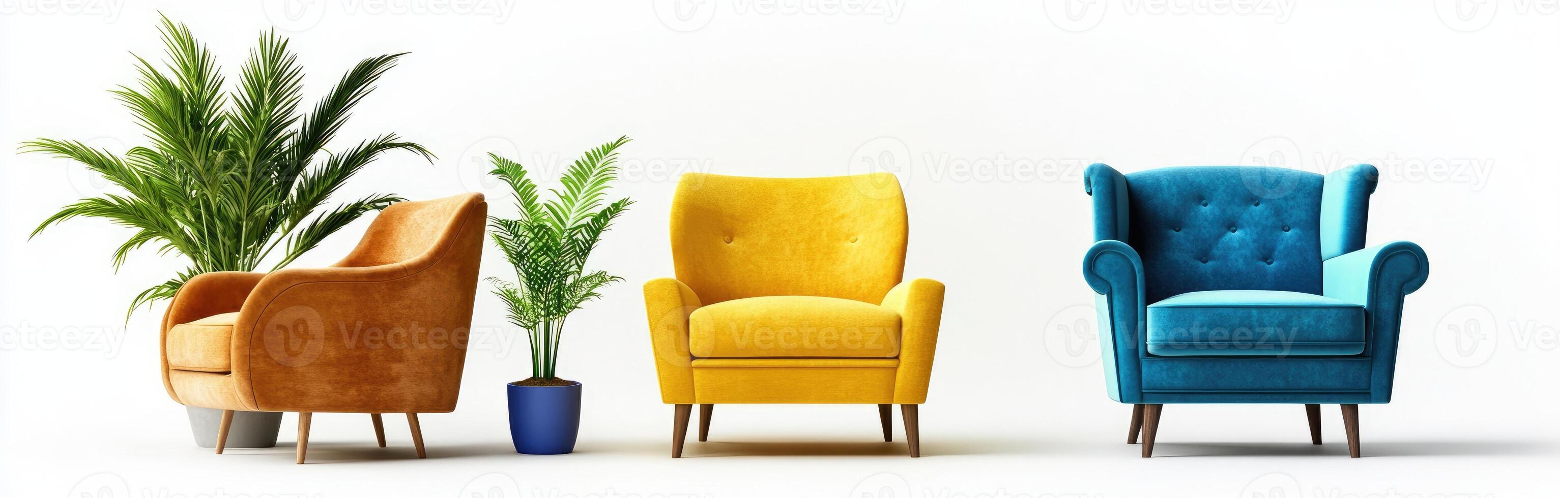 Three colorful chairs in front of a white background photo