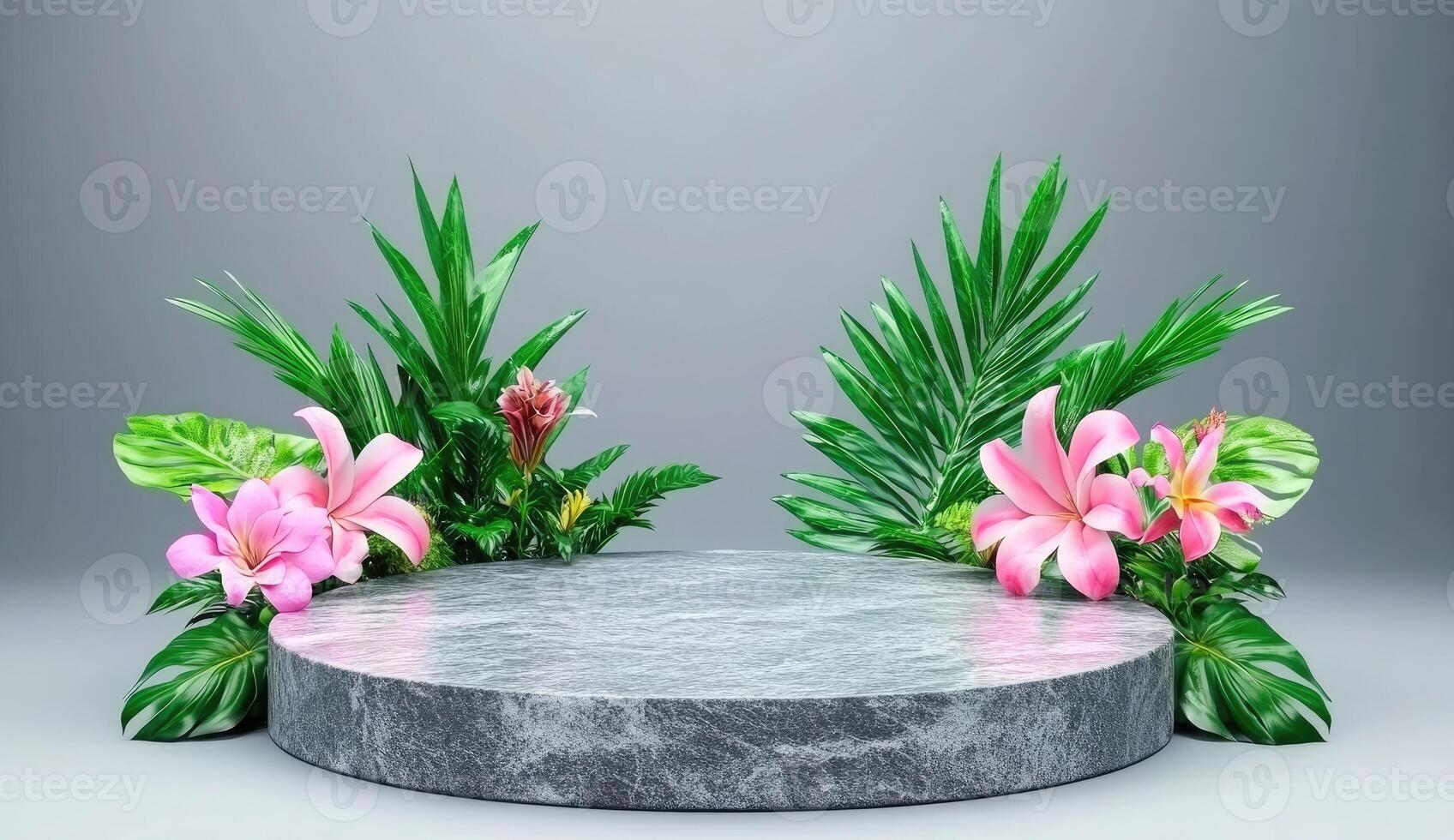 Elegant circular marble podium surrounded by lush tropical flowers and foliage photo