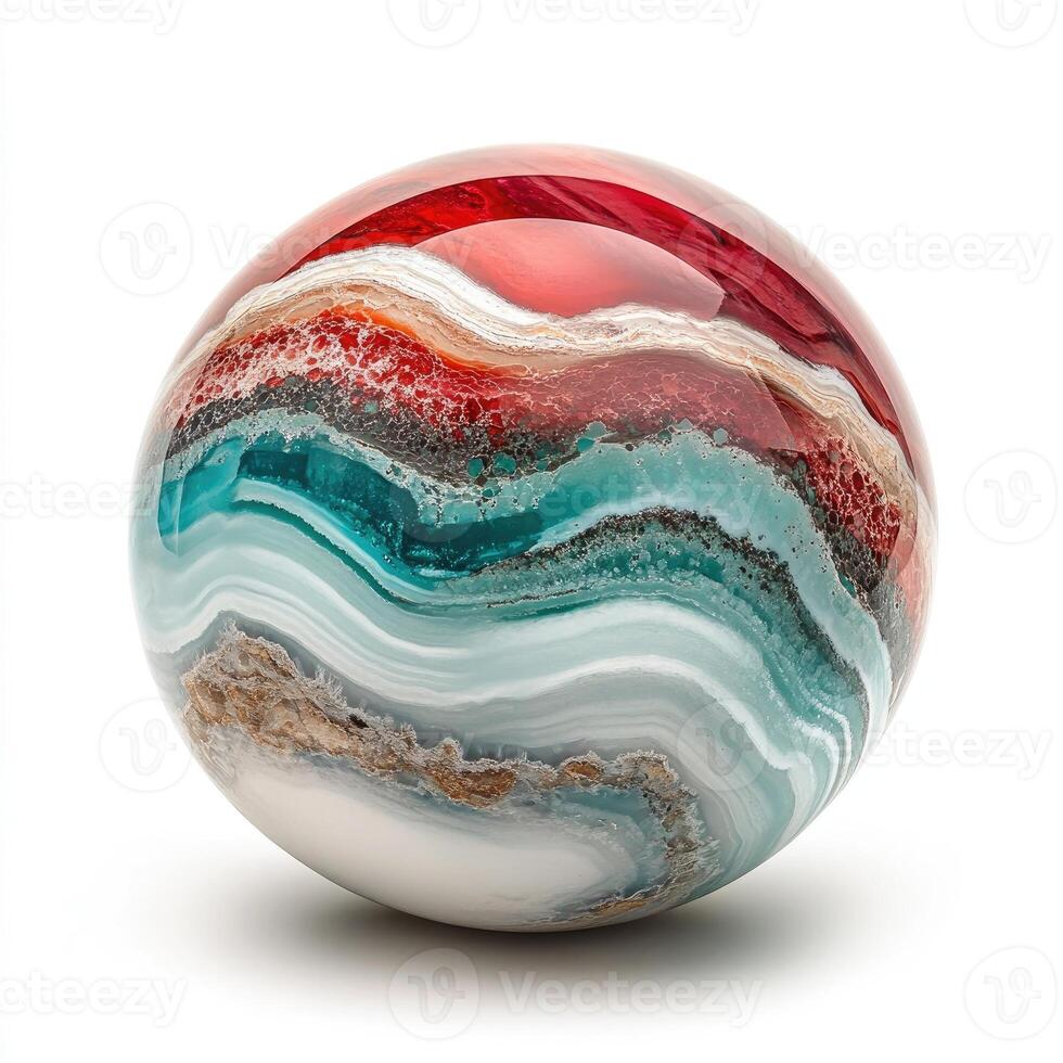 Polished sphere of multicolored agate. Intricate banding of red, teal, and white. Smooth, glossy finish photo