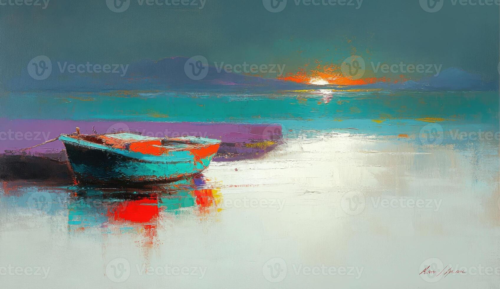 Tranquil seascape with a small boat at dawn. Colorful reflection on the water photo