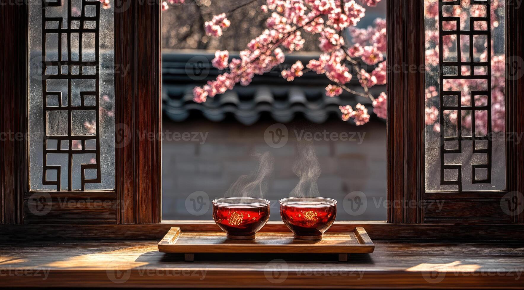 Two steaming teacups on a windowsill, overlooking a blossoming plum tree photo