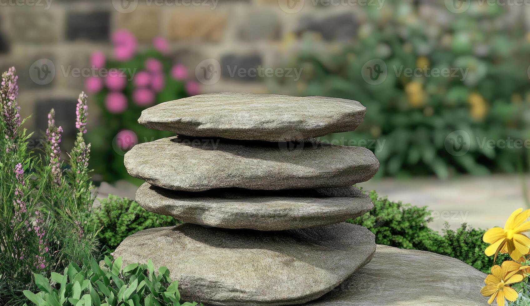 Stacked stones display in garden setting photo