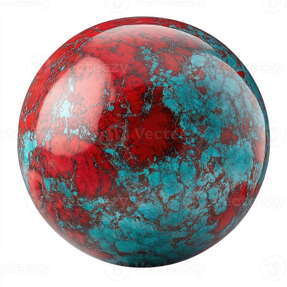 A vibrant, round gemstone sphere with a mix of deep red and teal-blue photo