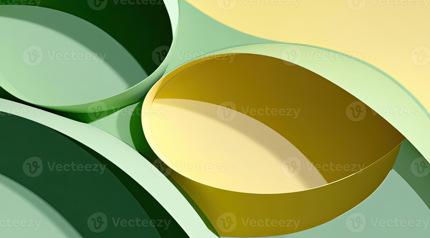 Abstract geometric shapes in pastel greens and yellows. Intertwined circles and curved forms create a dynamic visual effect photo
