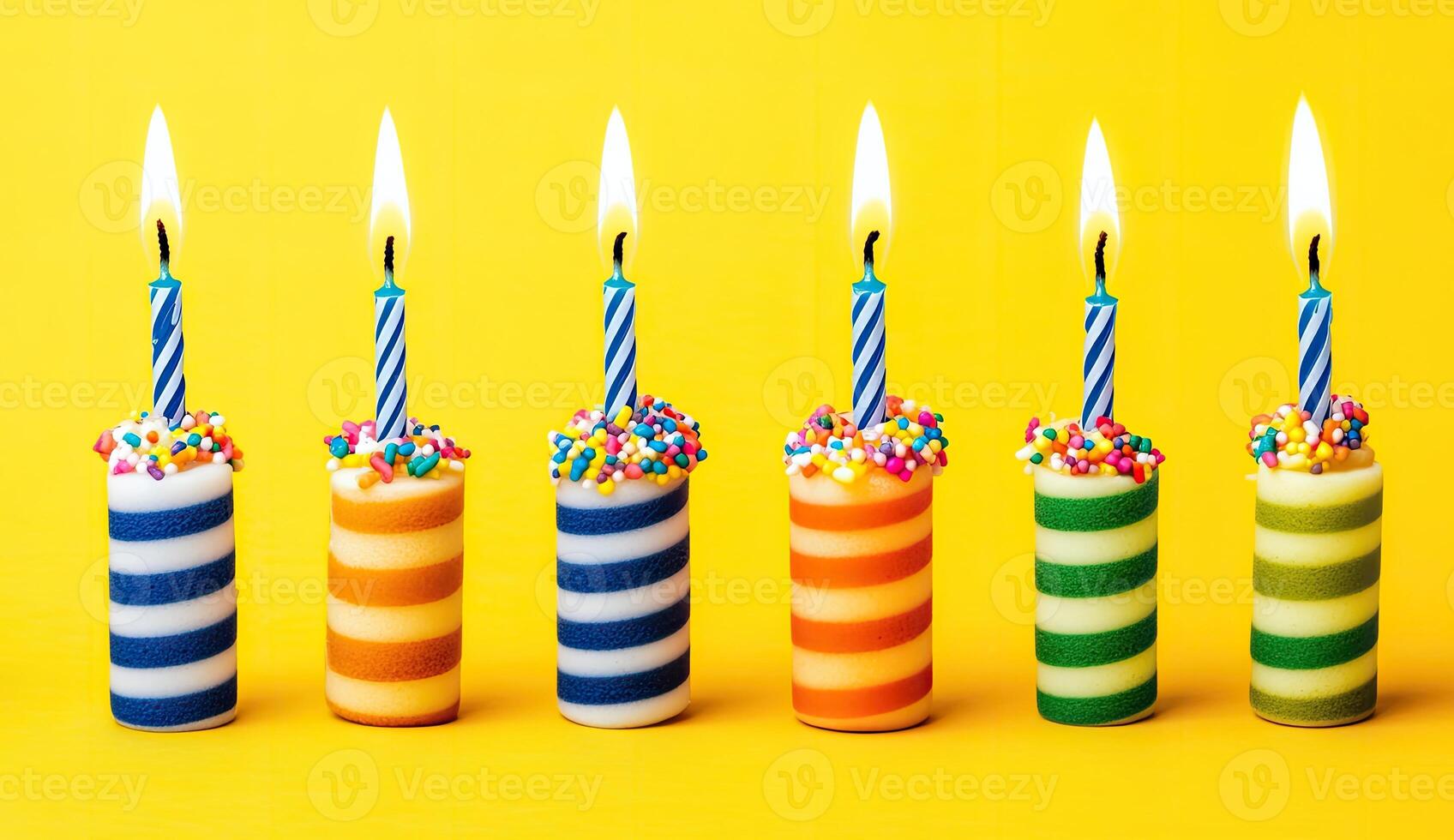 Birthday candles in a row on a yellow background. Colorful cylindrical candles with stripes and sprinkles, lit with flames photo