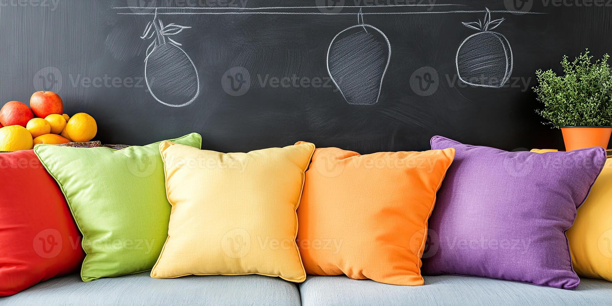 Colorful Cushions on a Sofa Against a Chalkboard Wall photo