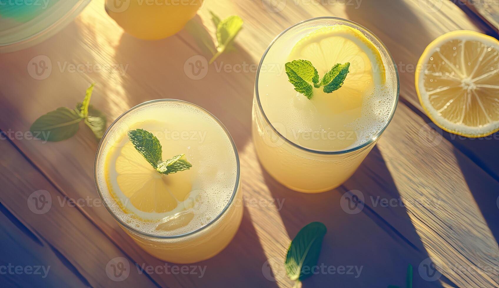 Refreshing lemon drinks on a wooden table photo