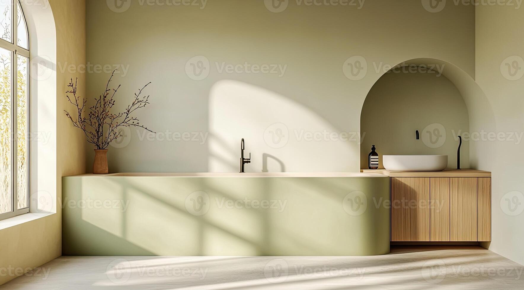 Serene, minimalist bathroom with soft green tones. Sunlight streams in, highlighting the curved vanity and arch alcove photo