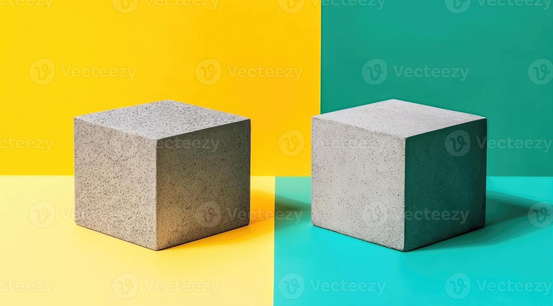 Two gray cube display stands on a yellow and teal background photo