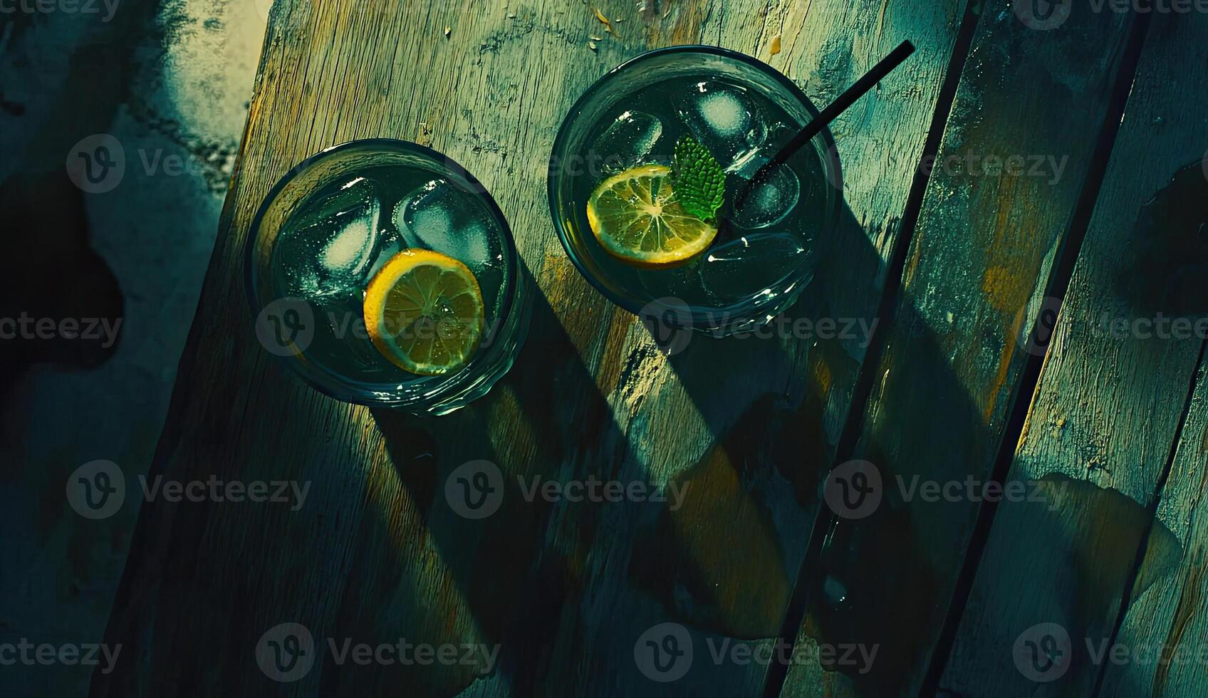 Refreshing Iced Drinks on Wooden Table photo