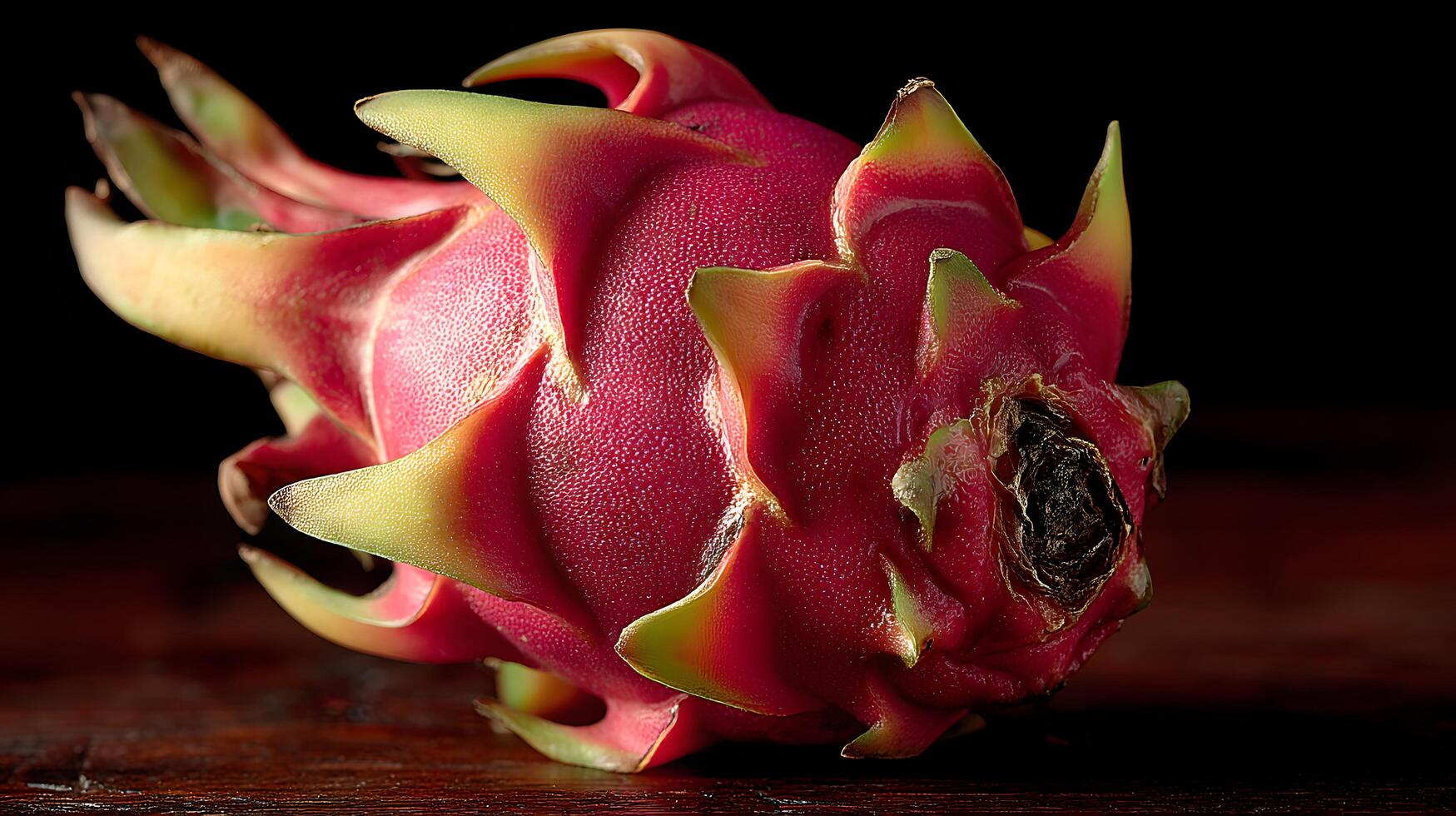 Vibrant Red Dragon Fruit Close Up on Dark Wooden Surface photo