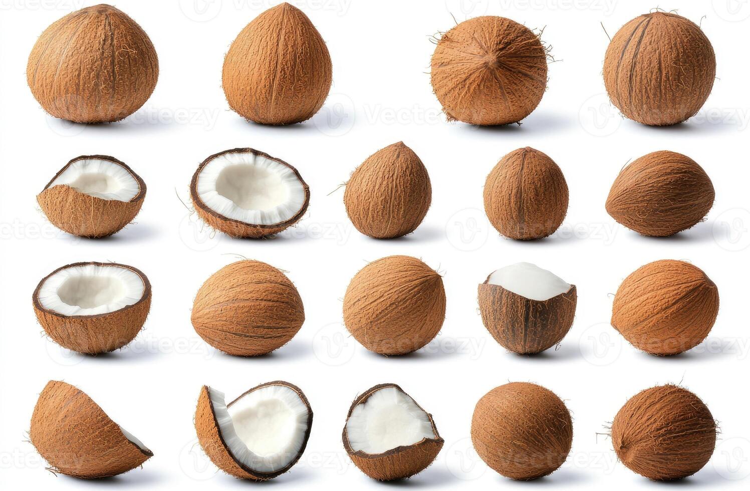 Fresh coconuts, whole and halved, isolated on white photo