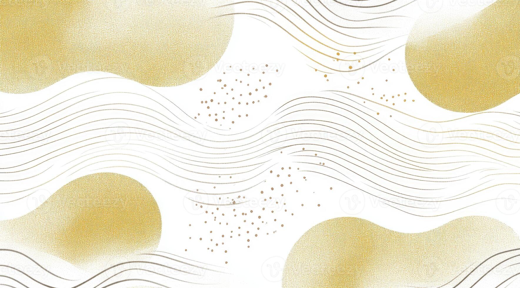 Abstract gold shapes on white background with wavy lines and small dots photo