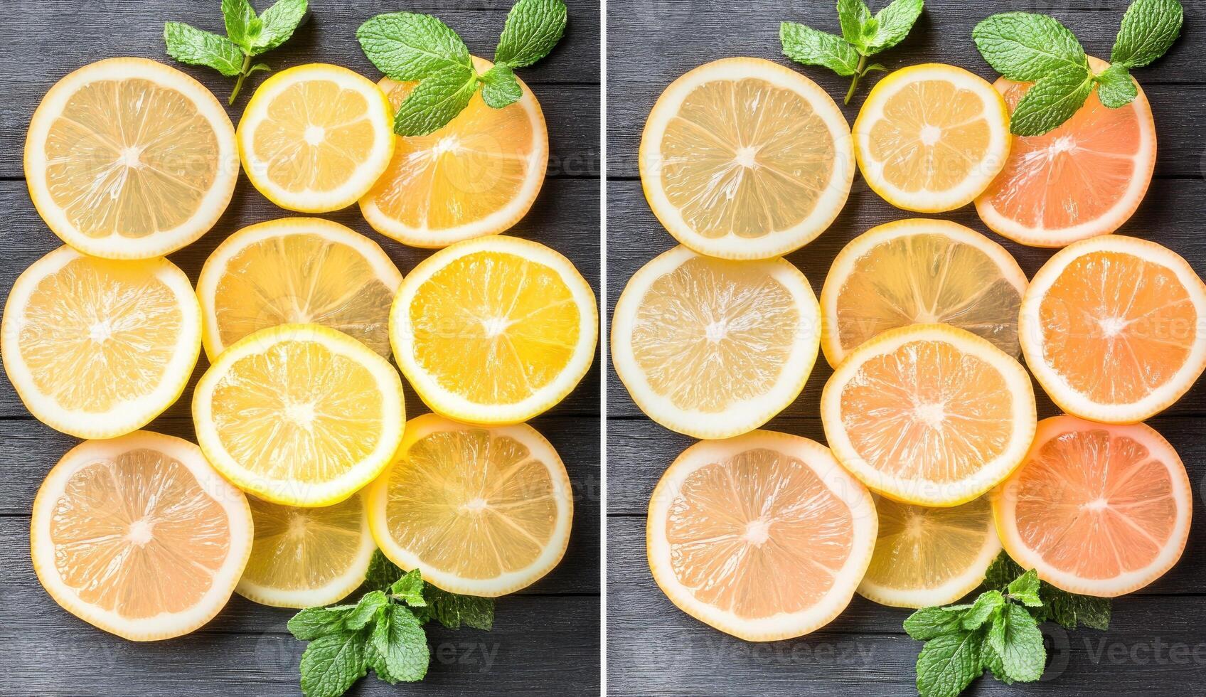 Lemon slices in two different color tones, with fresh mint photo