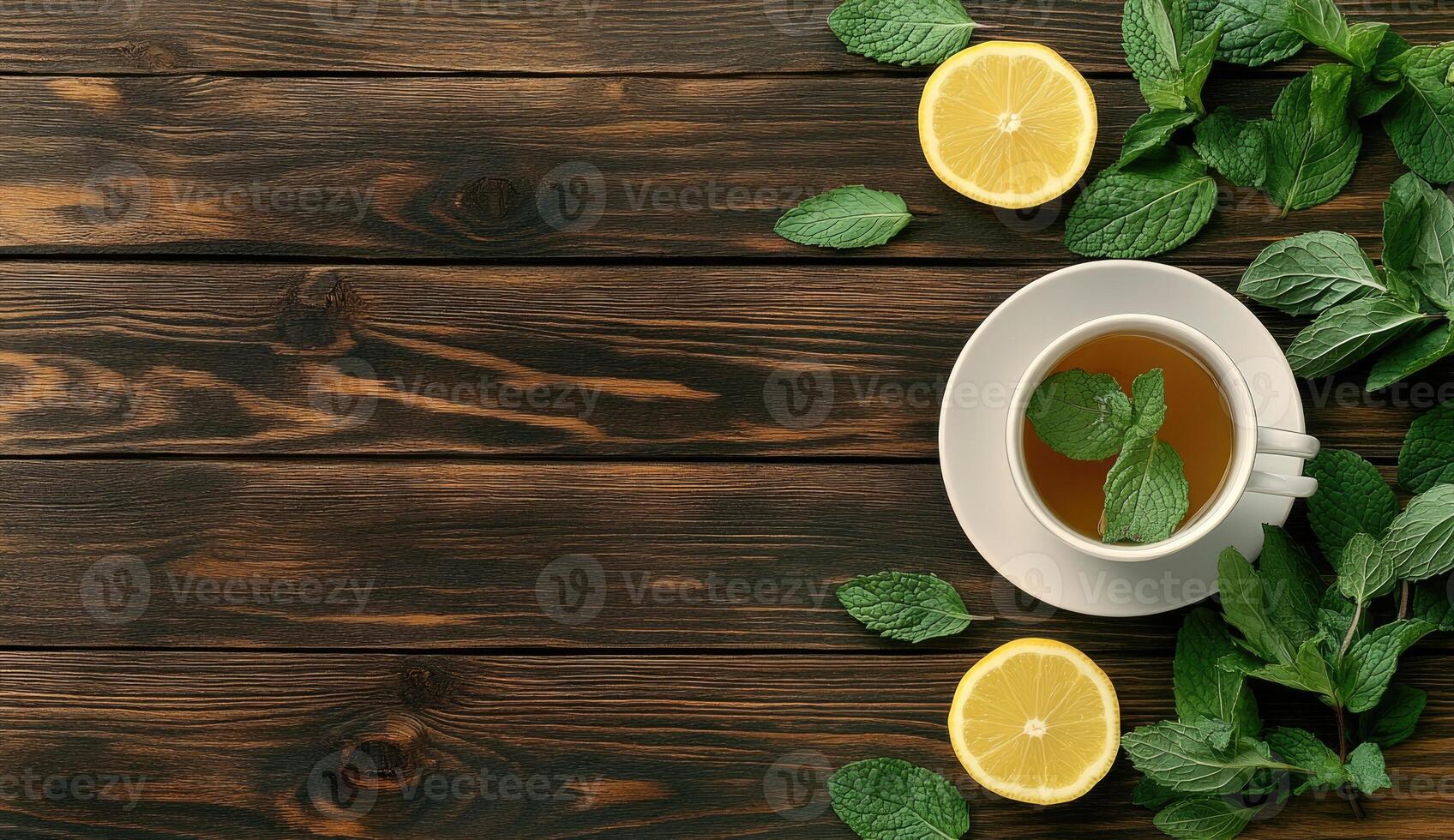 Aromatic herbal tea, fresh mint and lemon on wooden table photo