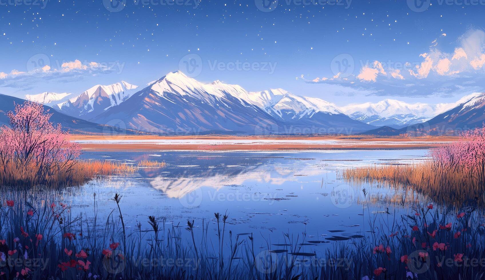 Serene mountain lake at dawn photo