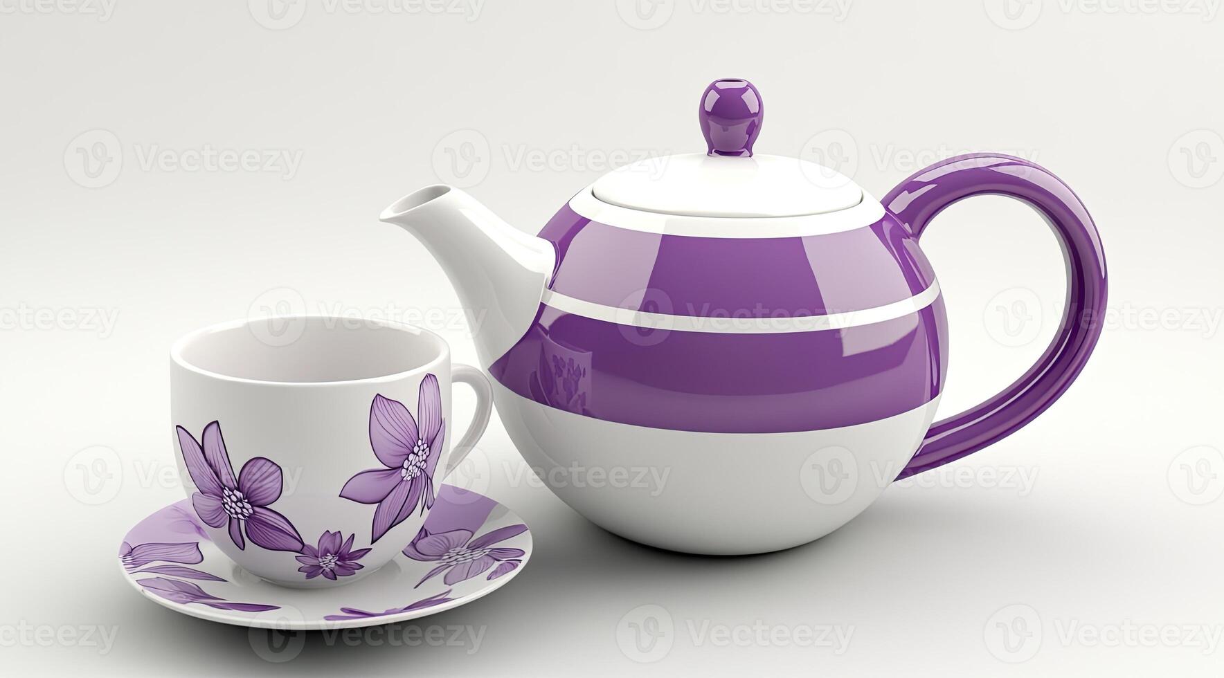 Purple and white tea set with floral design photo