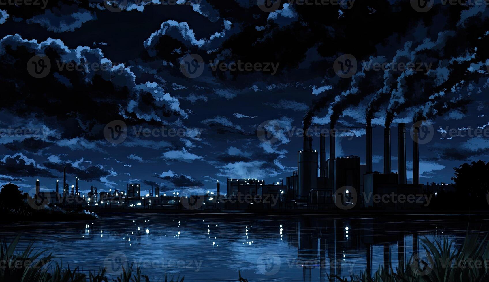 Industrial night landscape with dark clouds and a reflective river photo