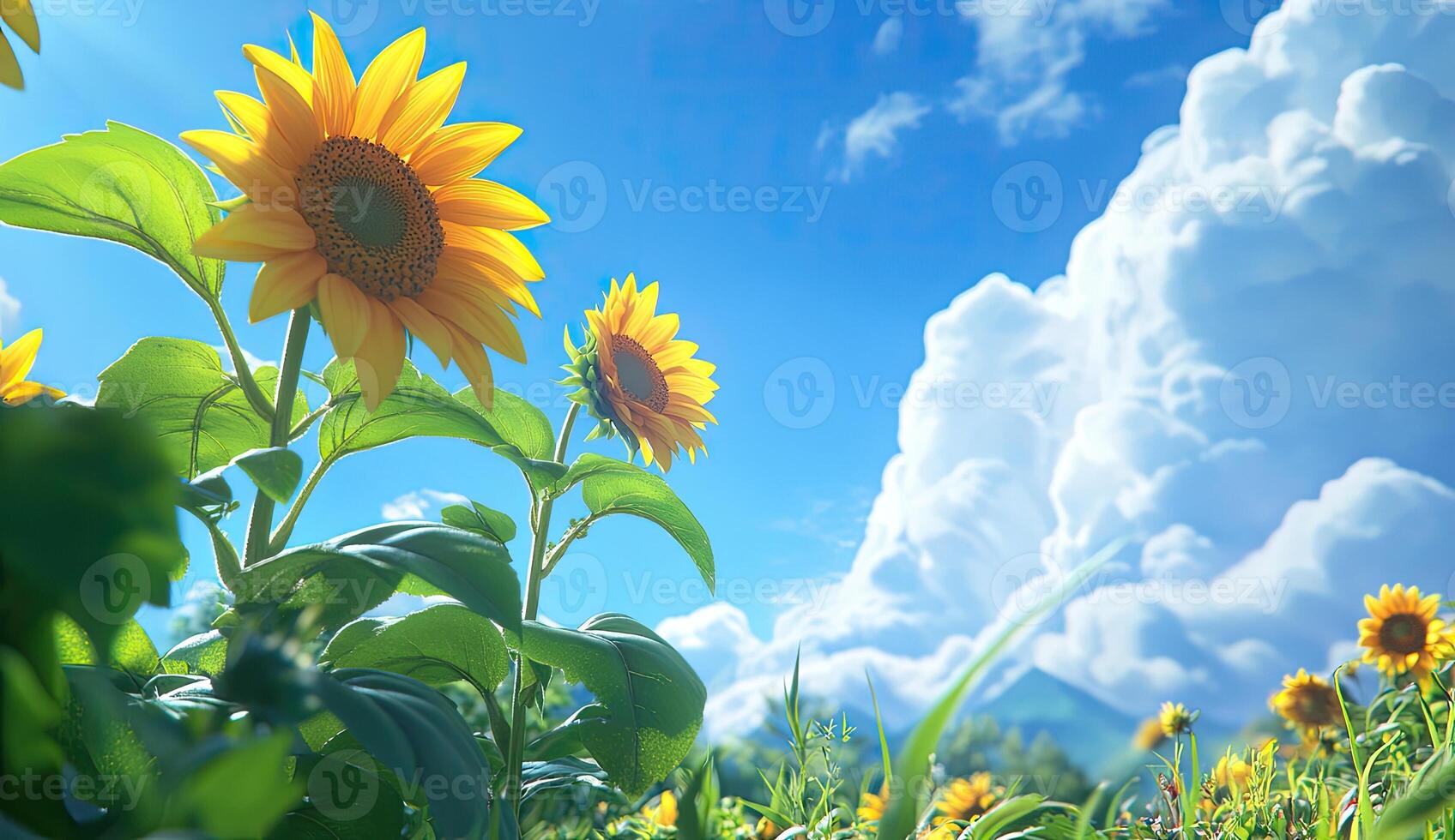 Two vibrant sunflowers reaching for a bright sky, amidst a field of flowers photo