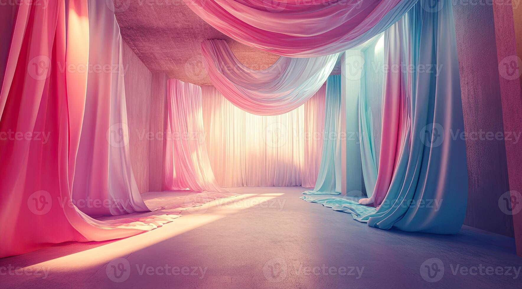 Pastel-hued drapery fills a sunlit room photo