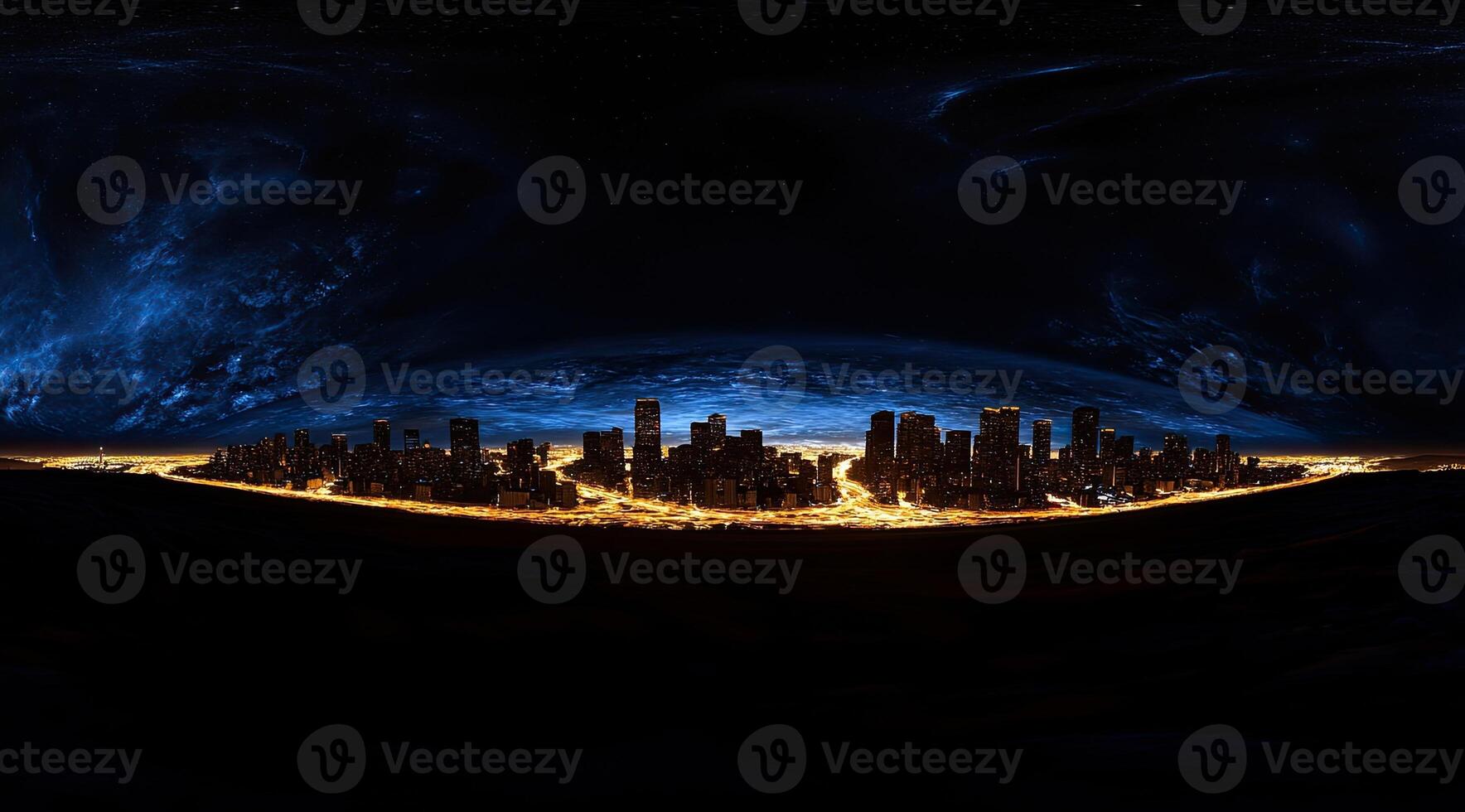 Cityscape at night, viewed from space, with nebula photo