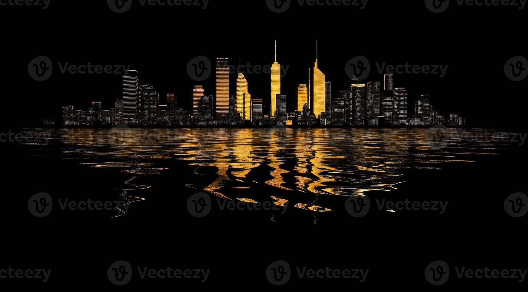 Golden city skyline reflected in dark water photo