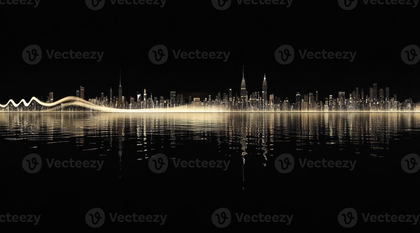 Golden city skyline reflected on water, dynamic waves photo