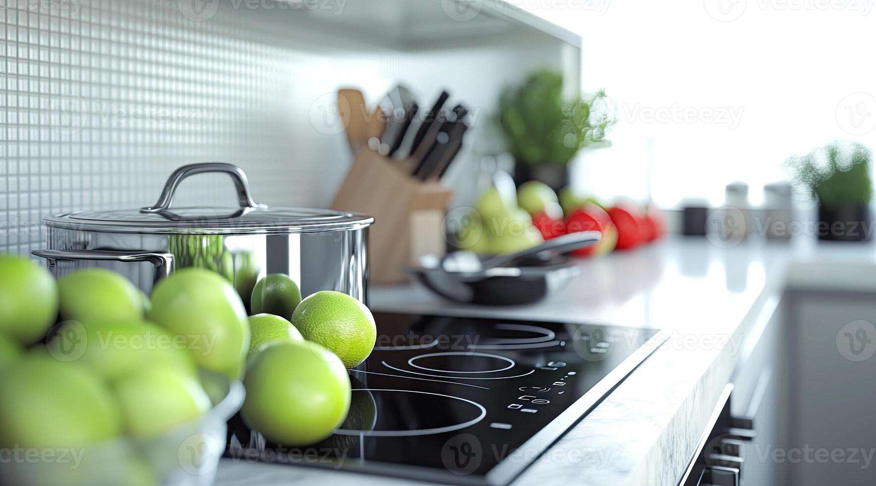 Modern kitchen countertop with fresh produce and cookware photo