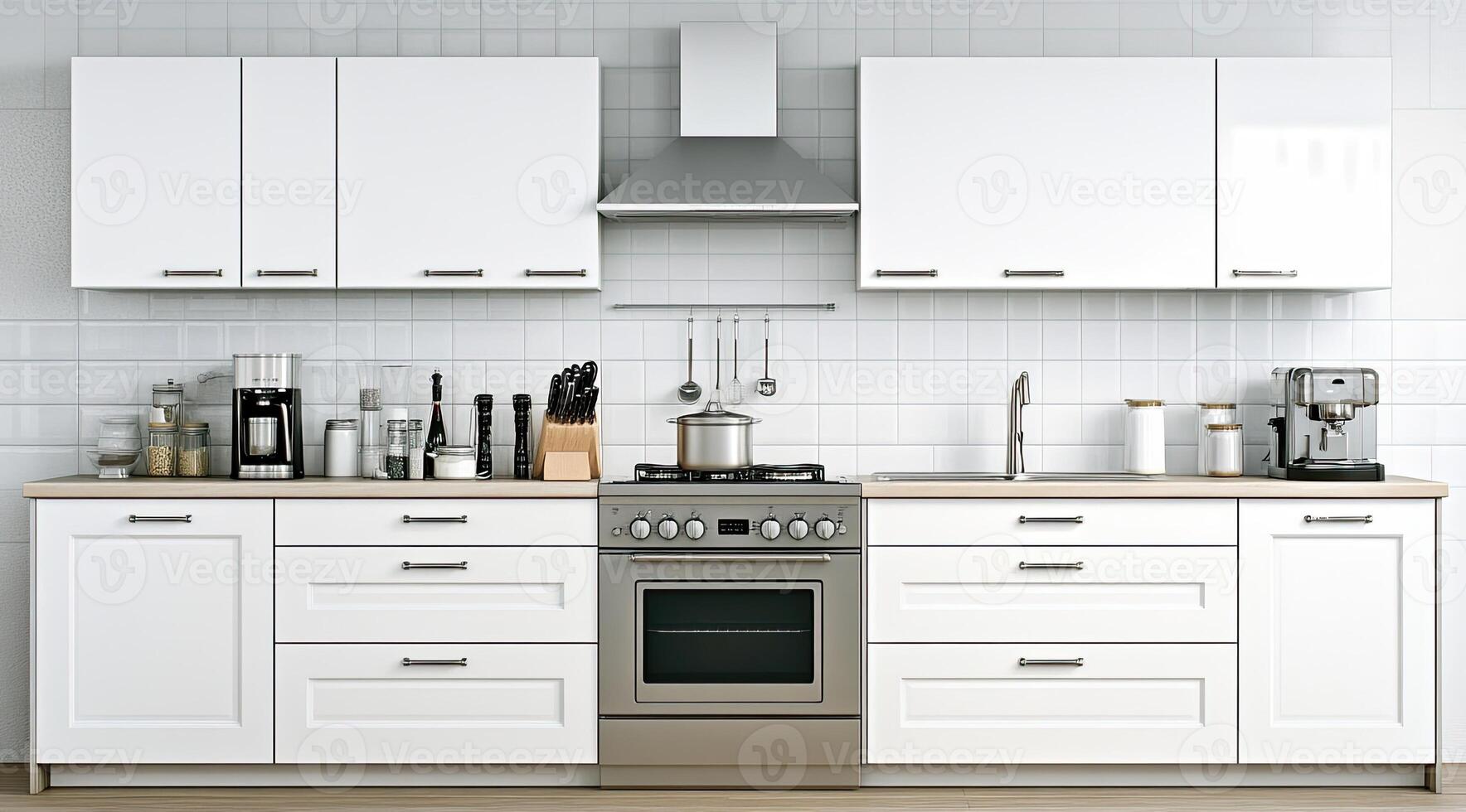 Modern white kitchen with stainless steel appliances photo