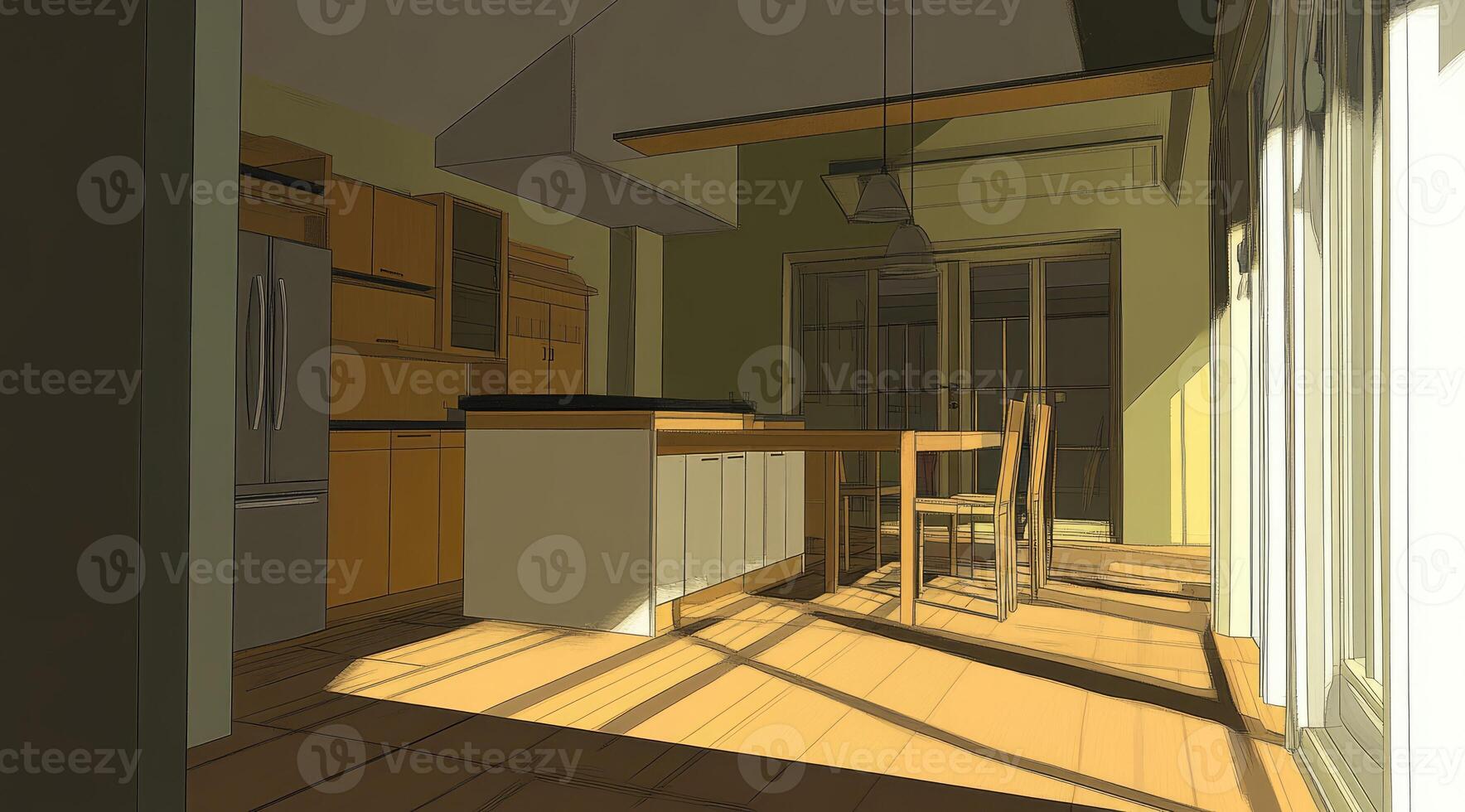 Sunny kitchen interior, wooden cabinets, and island photo