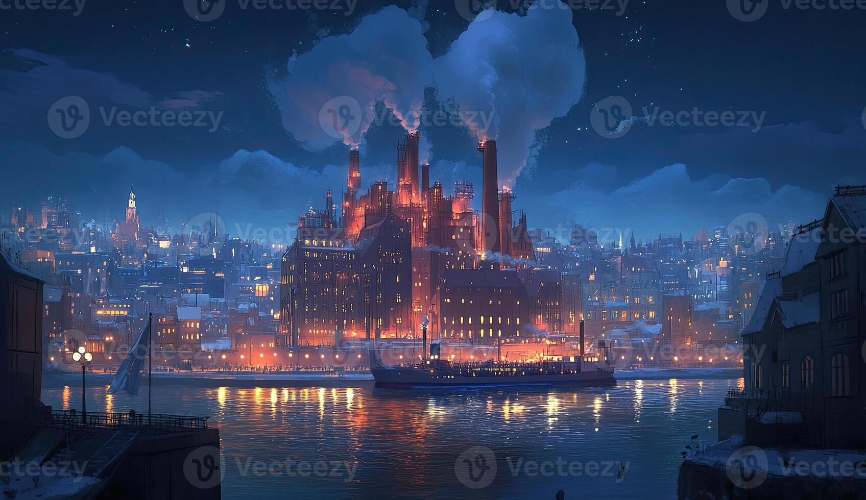Nighttime industrial cityscape by a river photo