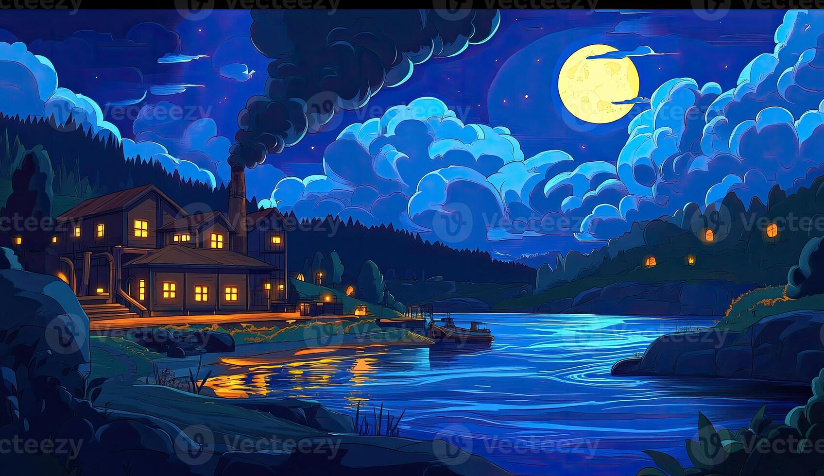 Nighttime factory by the river, under a luminous moon photo