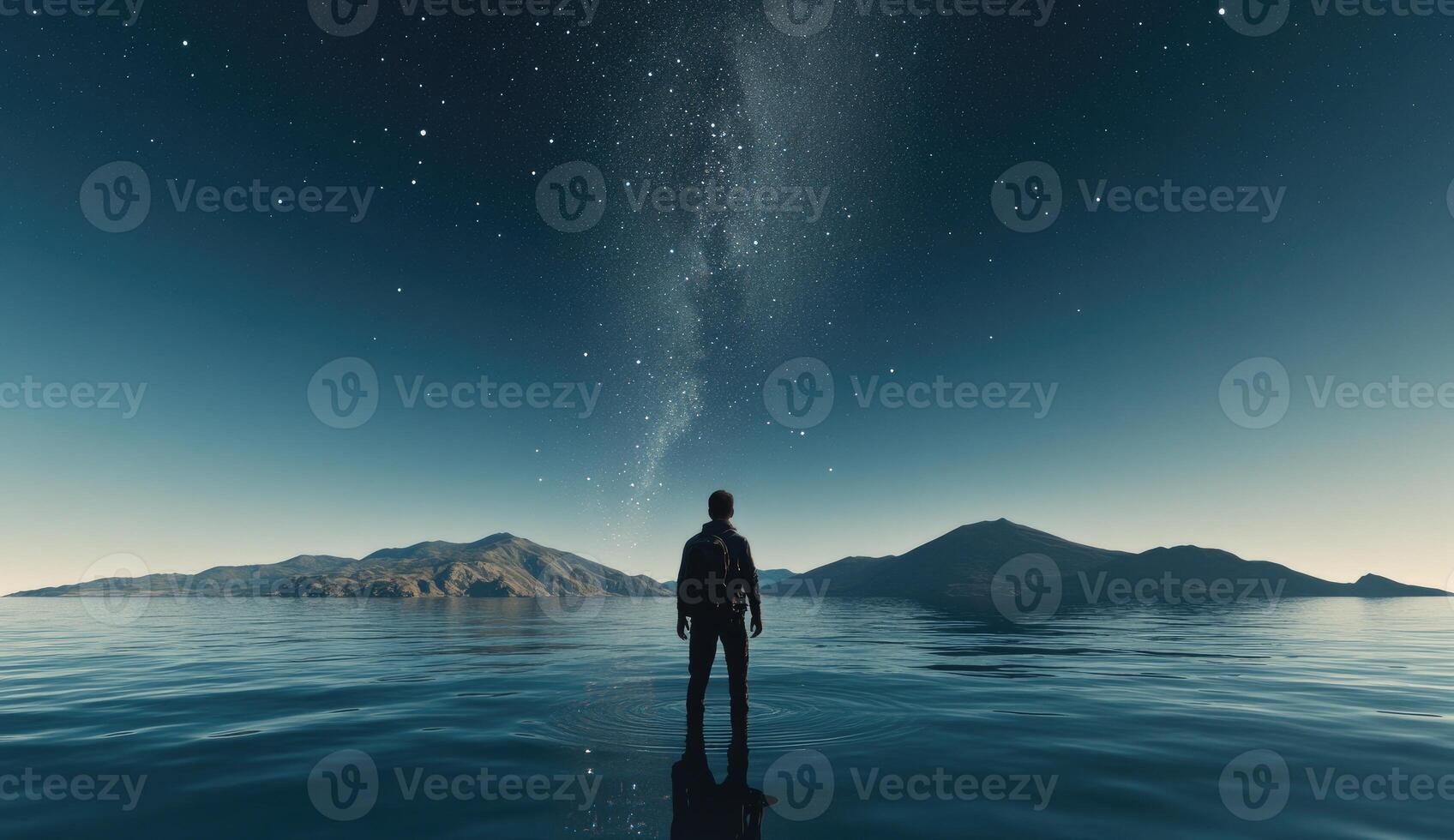 Solitary figure gazes at the Milky Way over tranquil waters photo