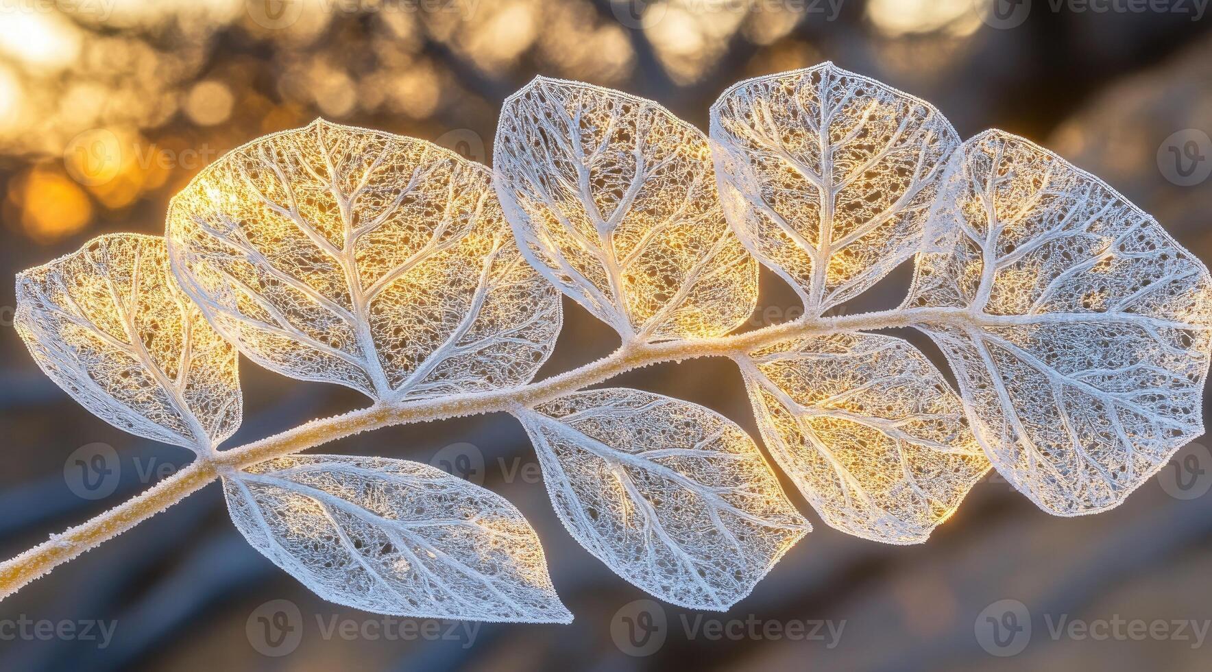 Frosted leaf illuminated by golden light photo