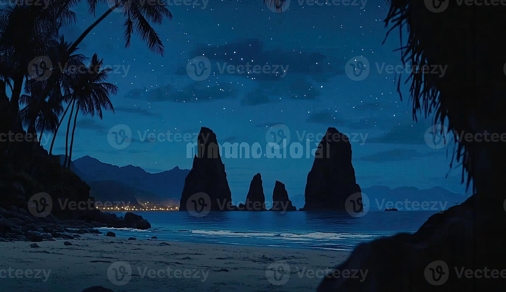 Nighttime tropical beach scene with towering rocks photo