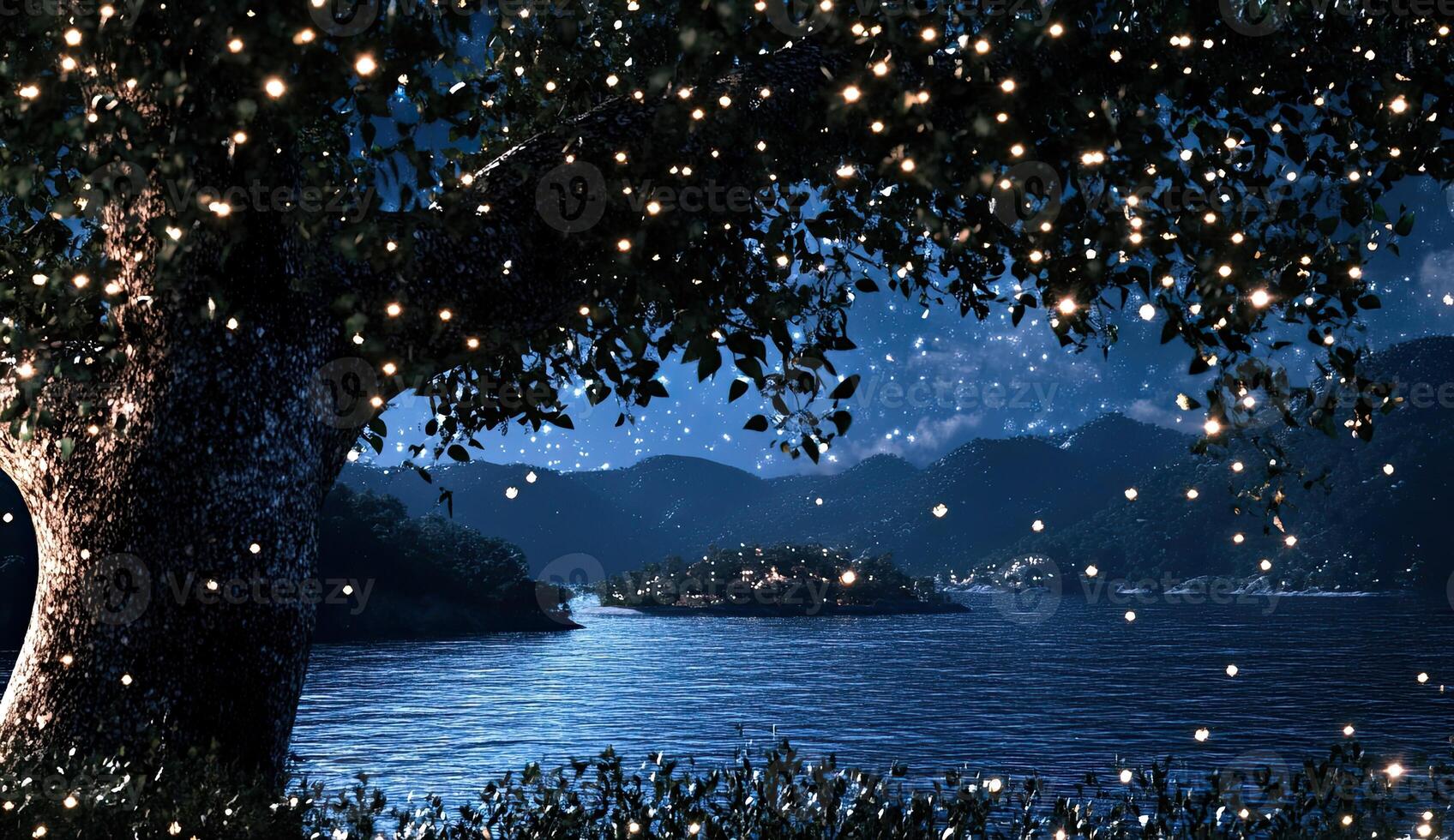 Enchanting night scene by a lake. Twinkling lights adorn a tree overlooking a tranquil lake under a starlit sky photo