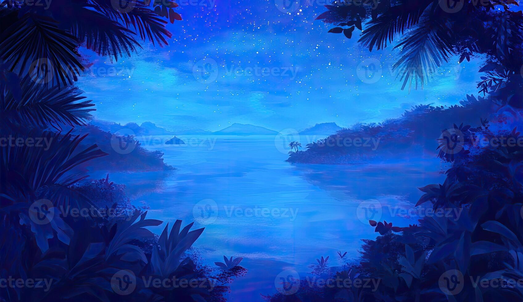 Mystical, starlit tropical cove at night. Lush, dark jungle surrounds tranquil blue water, framed by palm trees photo