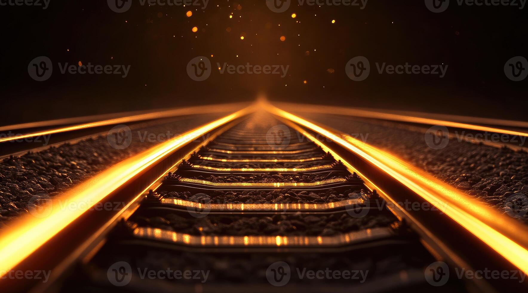 Golden railway tracks, leading into the dark photo