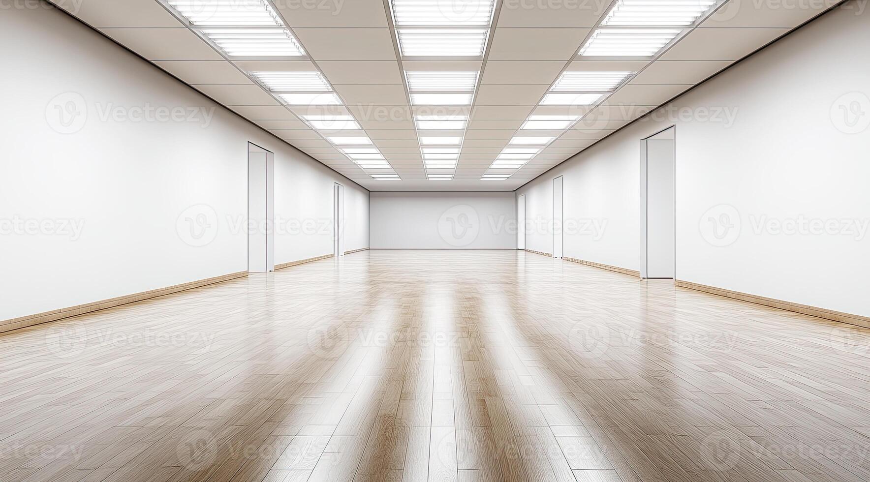 Empty, modern office hallway with polished wood floors and recessed lighting photo