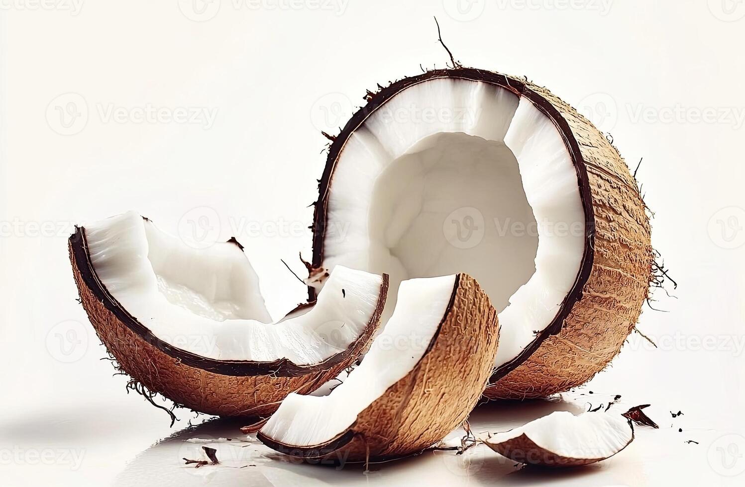 Freshly cracked coconut, revealing white flesh photo