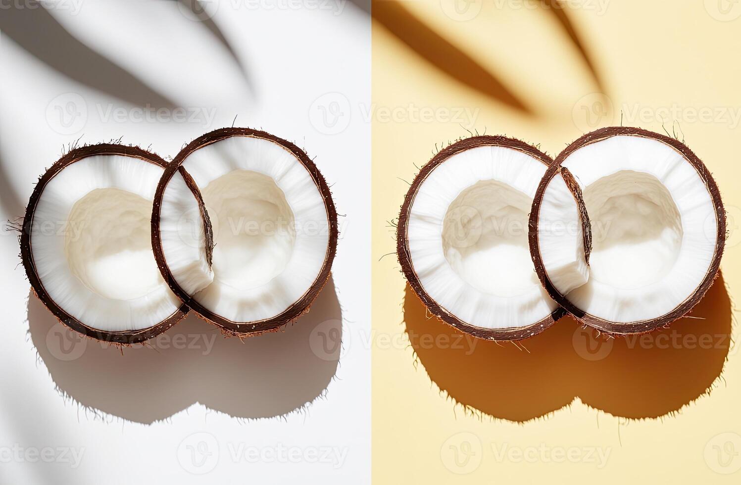 Two halved coconuts, contrasting light photo