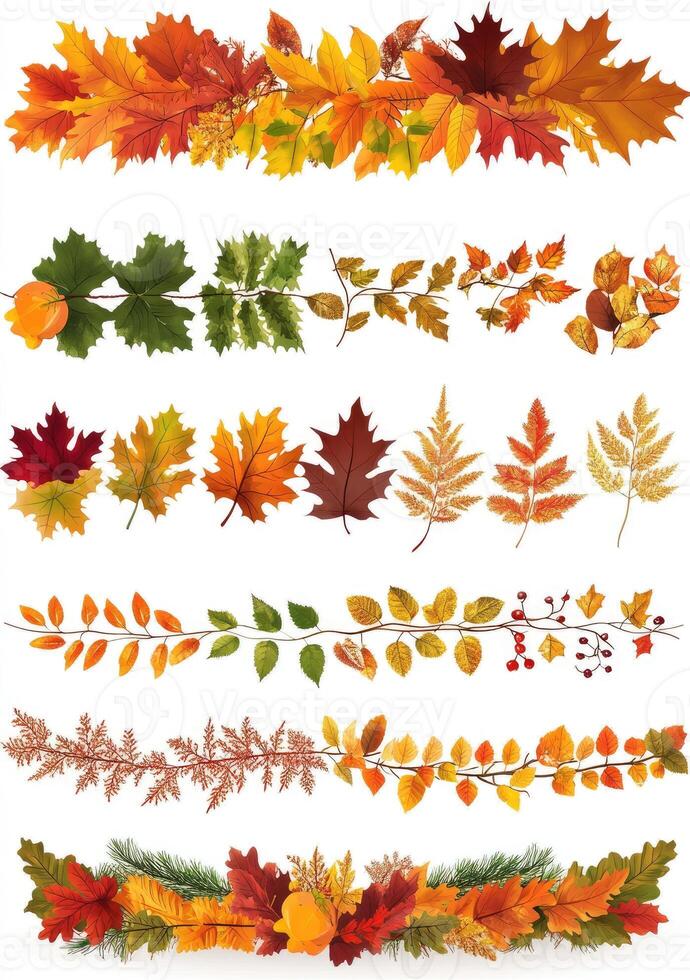 Autumnal leaf collection with various fall foliage and branches photo