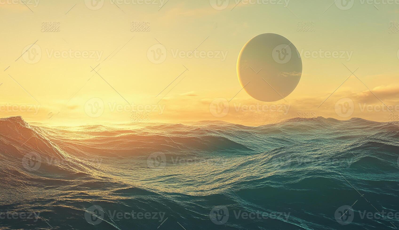 Vast ocean sunrise, alien planet photo