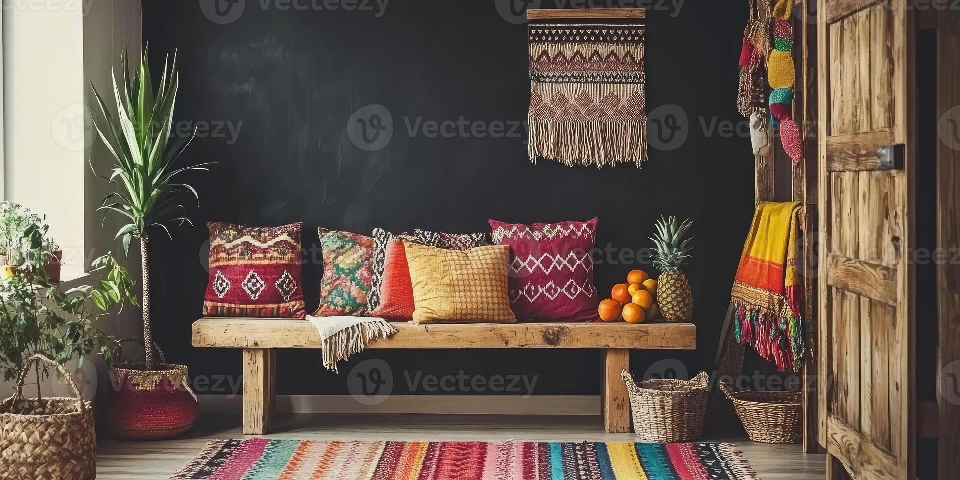 Boho-chic seating area with vibrant textiles photo