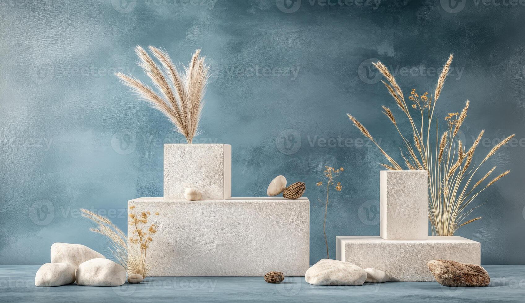 Minimalist display podiums with dried grasses and stones photo