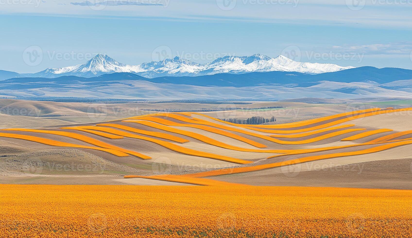 Rolling hills of vibrant golden crops, snow-capped mountains in the distance photo