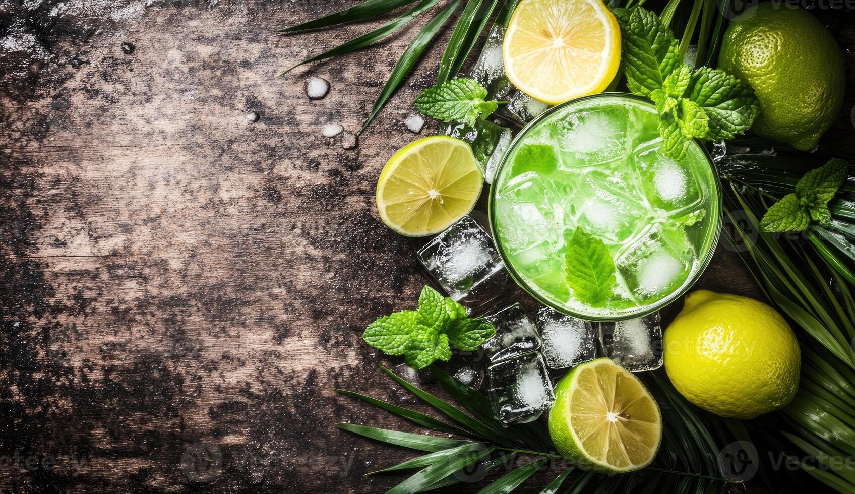 Refreshing green cocktail with tropical fruits and ice photo