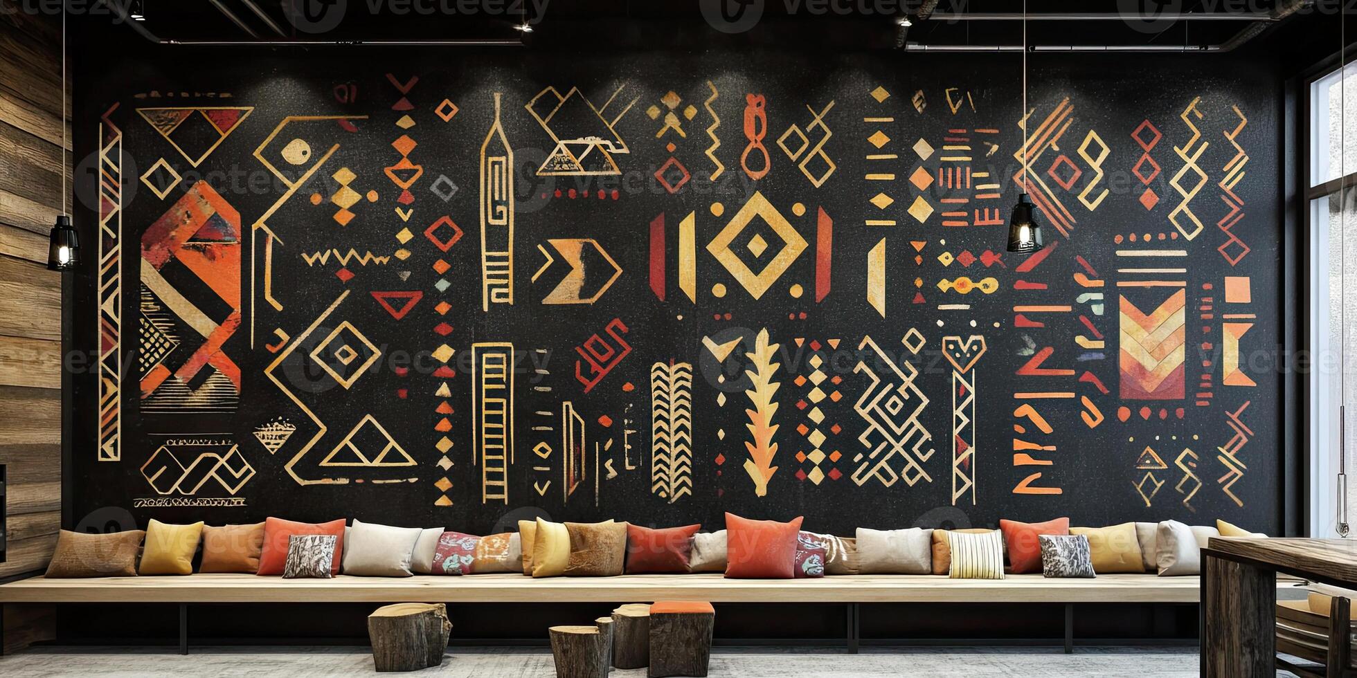 Bold Geometric Wall Decor with Cozy Seating photo