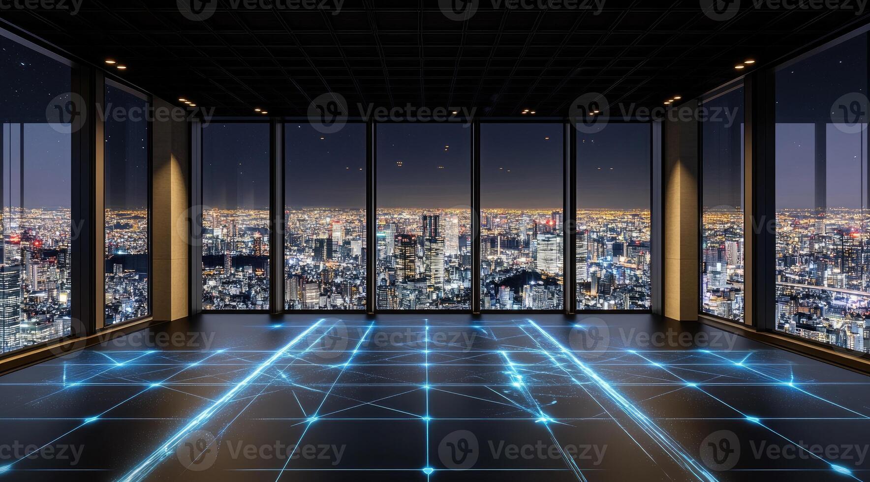 Empty modern office space with city view at night. High-tech floor design with digital pathways photo