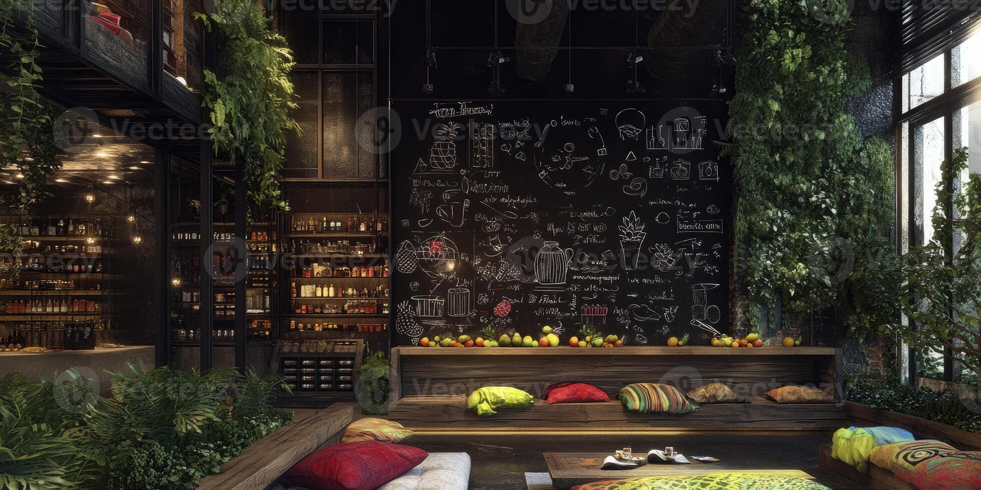 Urban cafe with a chalkboard wall and lush greenery photo